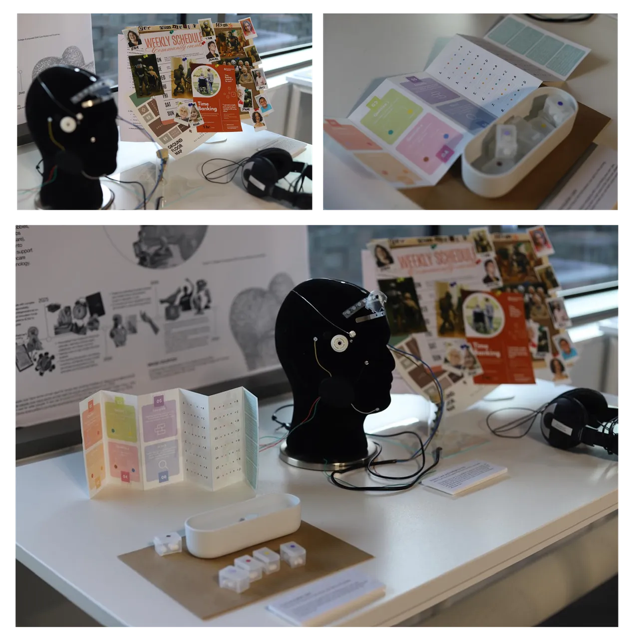 Exhibition photos showing physical artefacts and installations