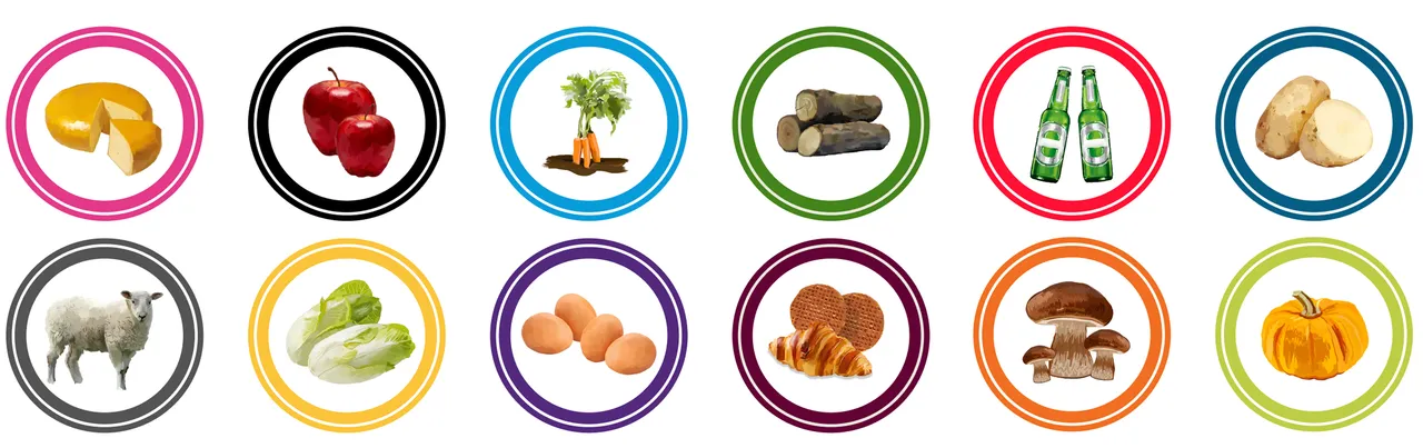 Game tokens representing different goods